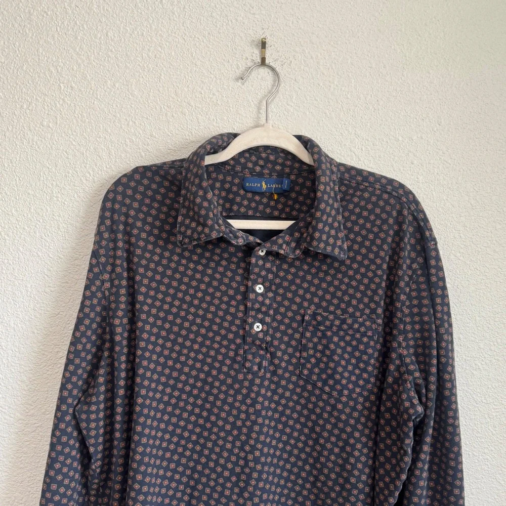 Ralph Lauren Mens XXL Long Sleeve Polo‎ Shirt Navy Geometric Medallion Preppy
